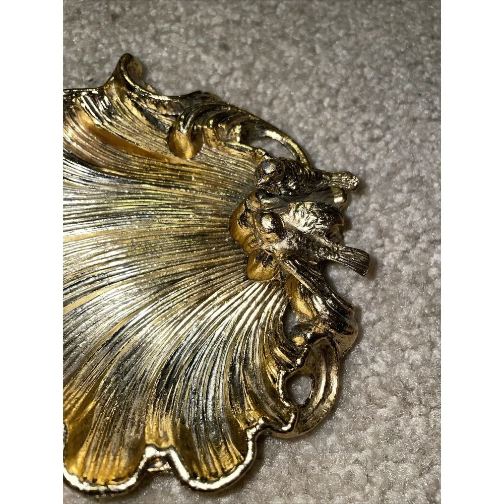 Vintage Gold Tone Shell Trinket Dish with Birds Scalloped Jewelry Catchall 4.5